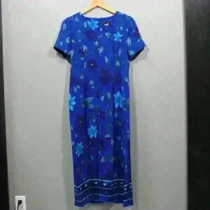 VINTAGE 90s School Teacher Maxi Dress Short Sleeve Tie Back Blue Floral S / XS